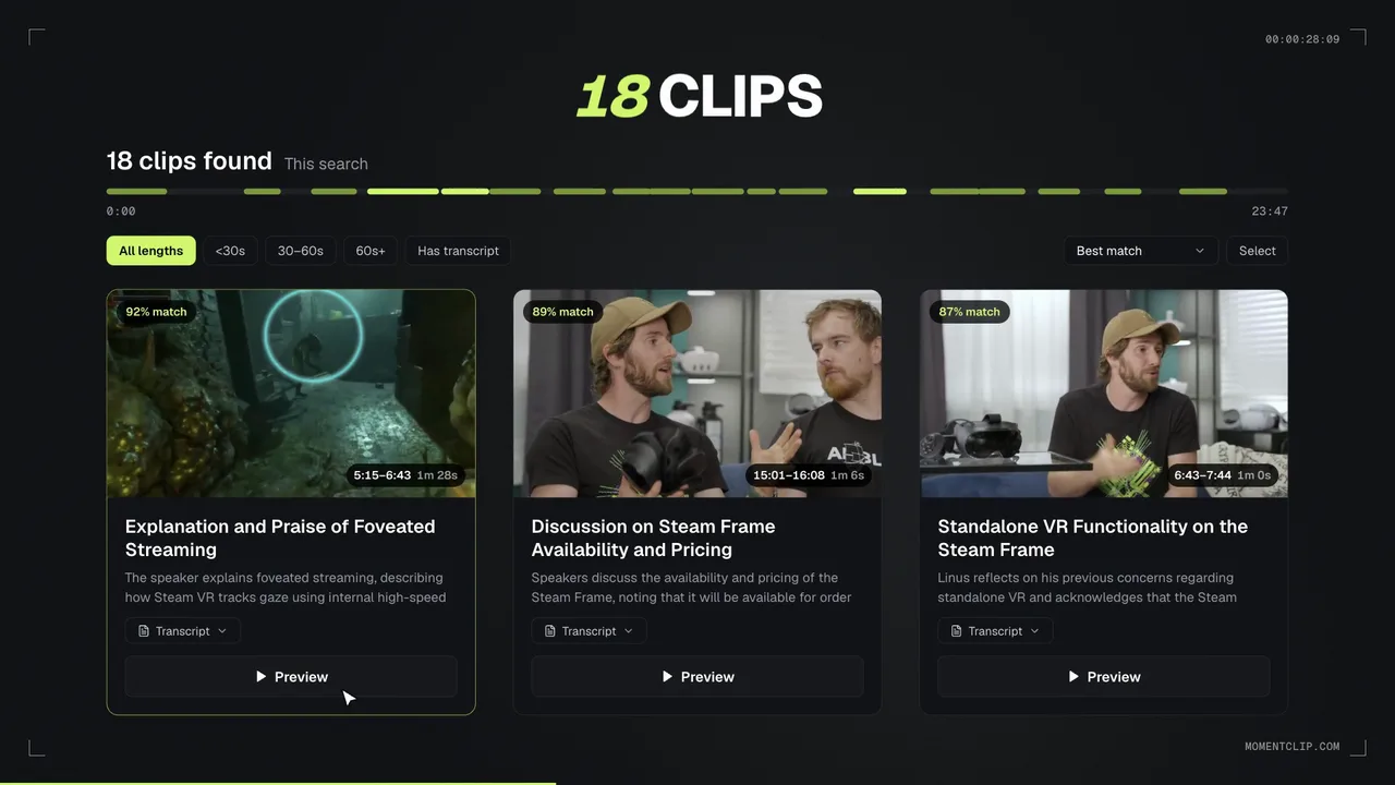 MomentClip search results with timestamped clips